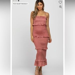 PinkBlush | Mauve Satin Smocked Fitted Maternity Midi Dress